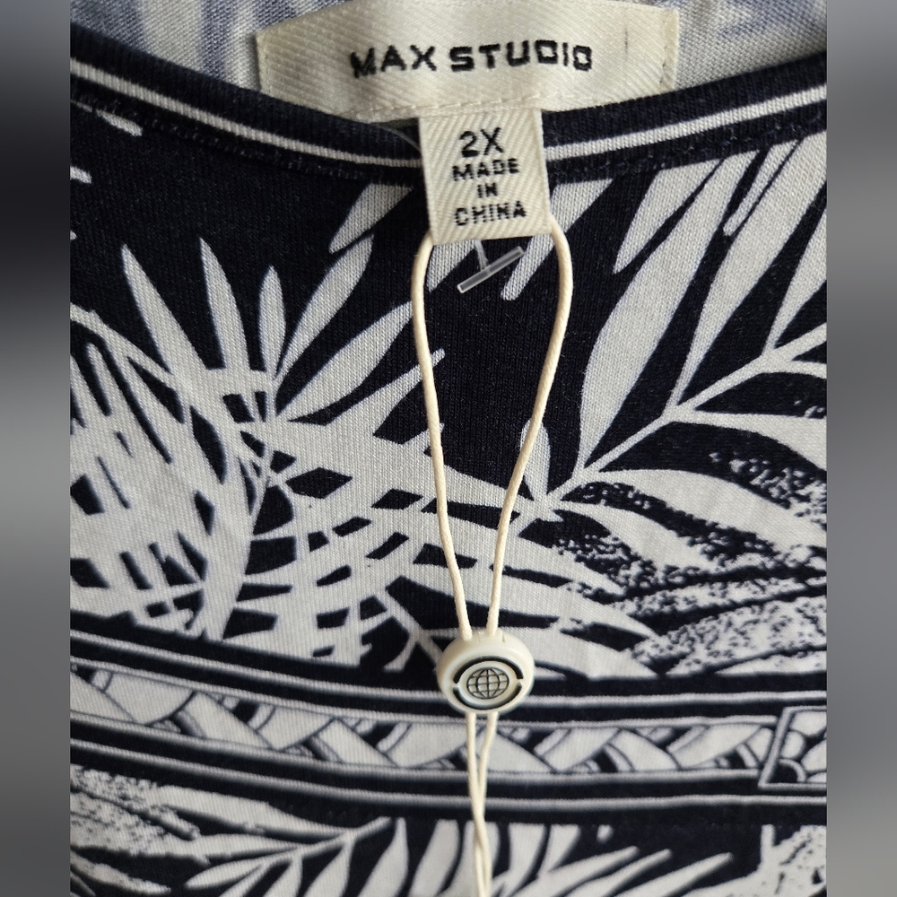 Max Studio Navy and White Leaf Pattern Tunic Dres… - image 2